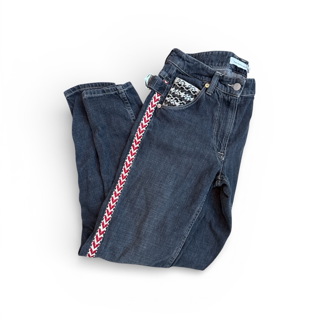 Isabel Marant Etoile Jeans Denim Embroidered Accent Designer Red Black Boho